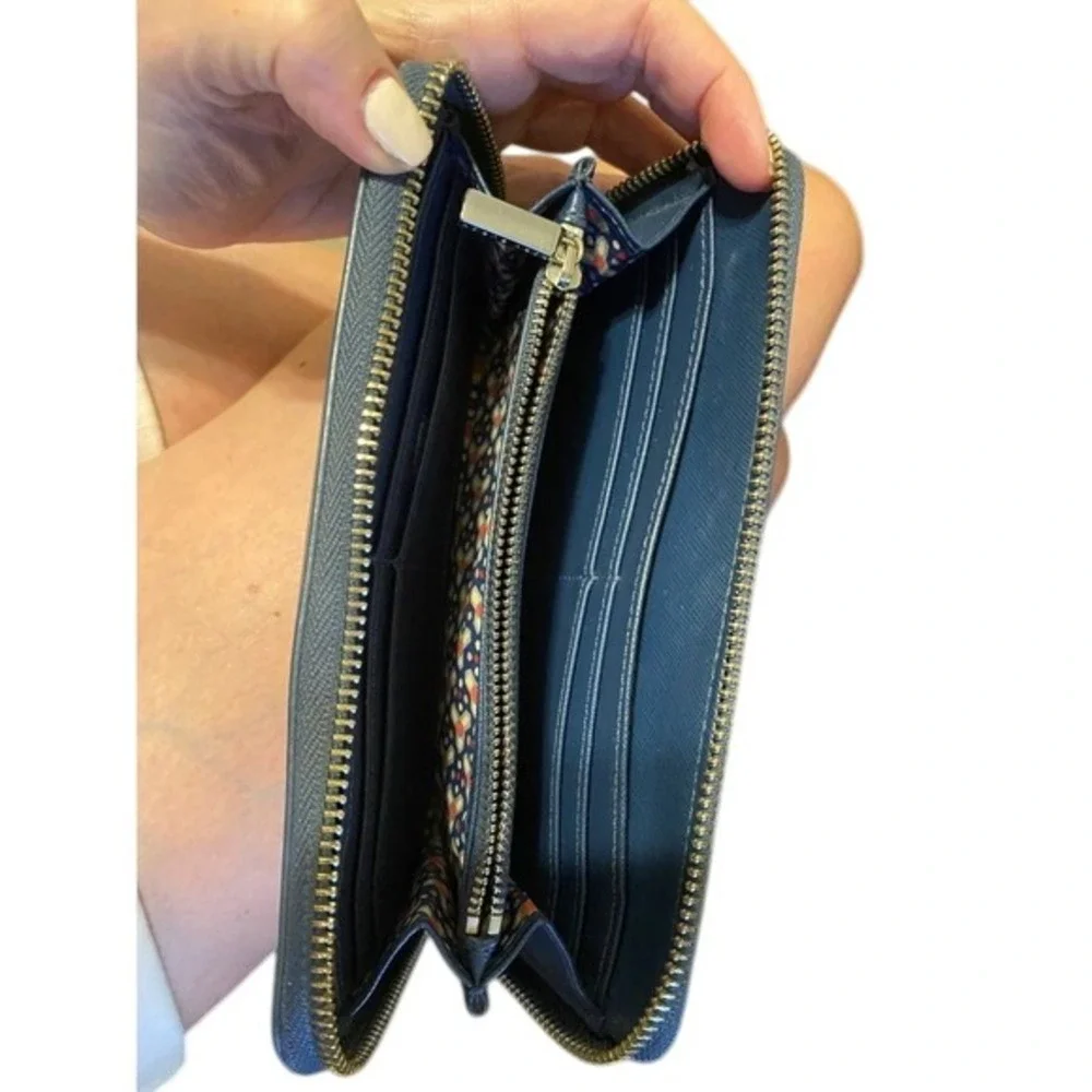 Tory‎ Burch Navy Blue Saffiano Leather Zip Around Continental Wallet